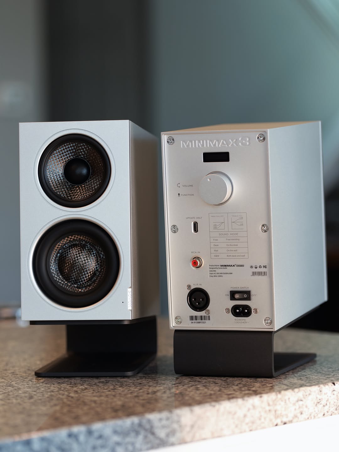 Front and rear views of two silver SOVOX MiniMax3 Monitor speakers