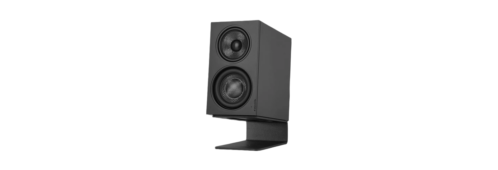SOVOX MiniMax3 Monitor in black on its stand, showing the coaxial midrange and tweeter above a separate woofer