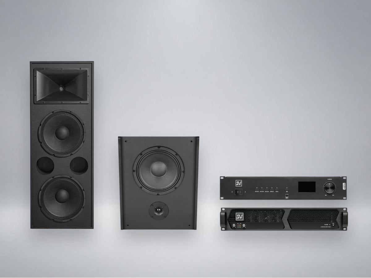 SOVOX M300T screen speaker, MV210 surround speaker, DP900 processor and A400 amplifier