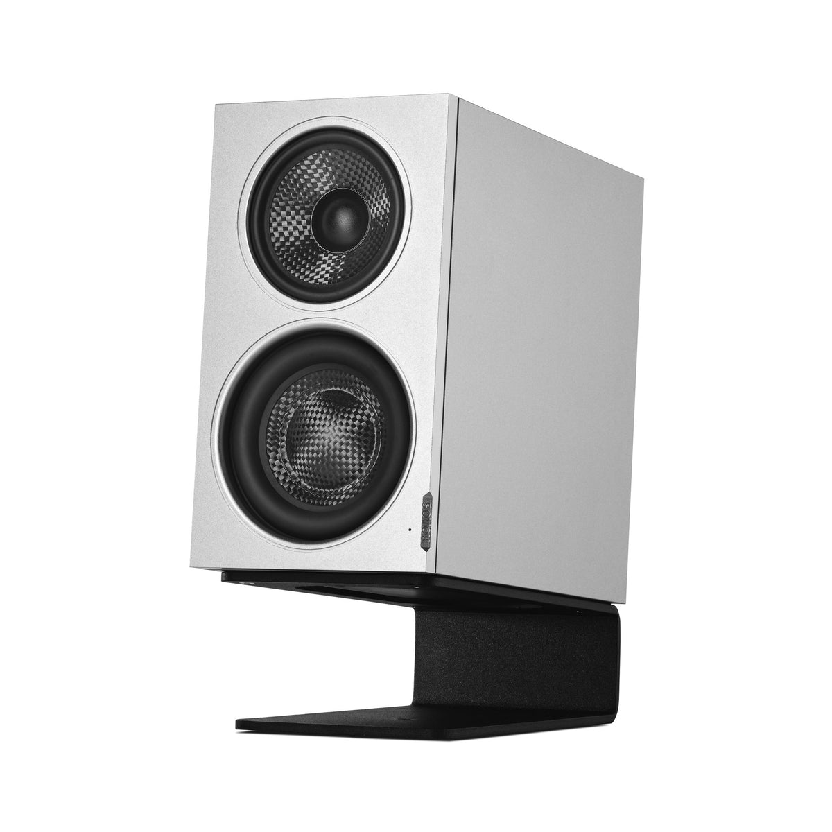 SOVOX MiniMax3 Monitor in Titanium Silver on its desk stand, three-quarter view