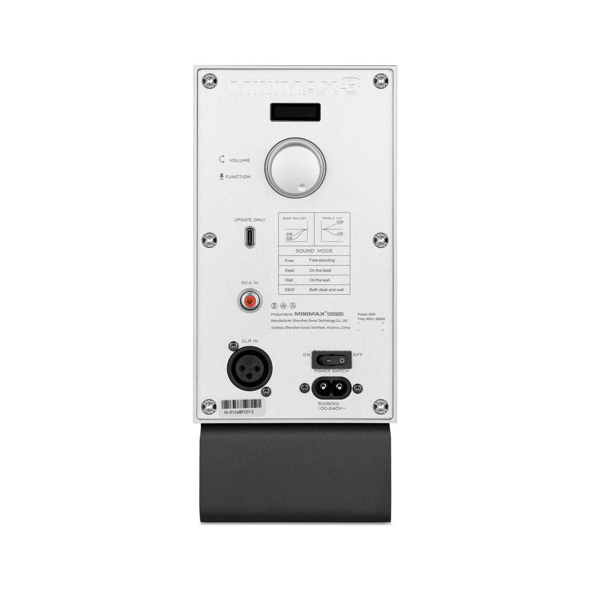 Rear panel of the SOVOX MiniMax3 Monitor with balanced XLR and RCA inputs, volume control and sound-mode chart